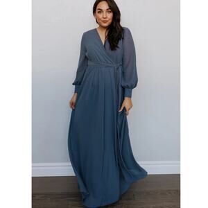 Baltic Born Lydia Maxi Dress Long Sleeve Faux Wrap Tie Slate Blue Size Small